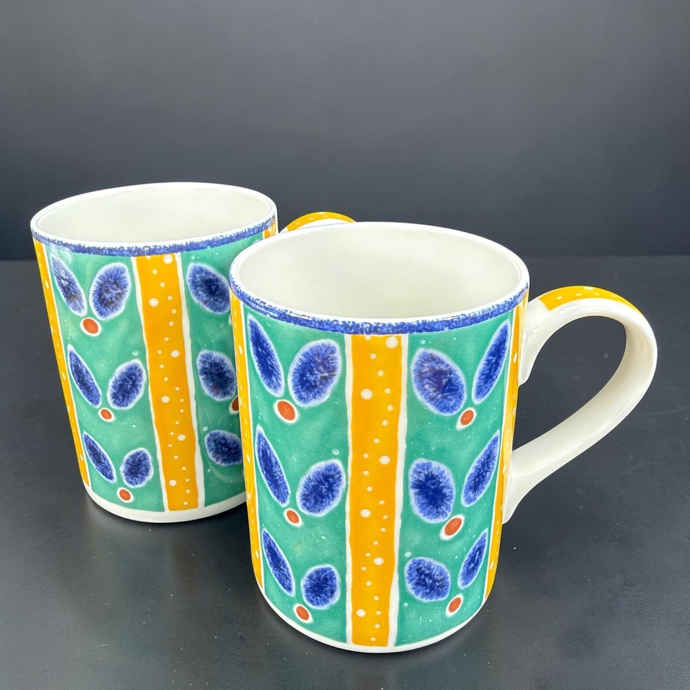 Royal Doulton Everyday Rio Fine China Coffee Mugs Set of 2 Green Yellow Blue 4in